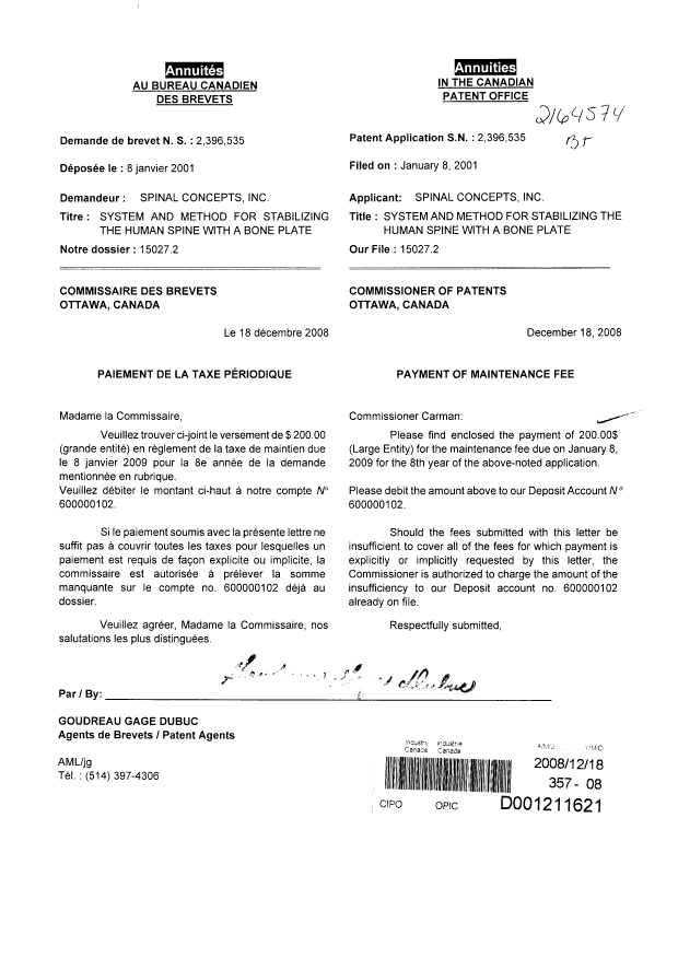 Document de brevet canadien 2396535. Taxes 20081218. Image 1 de 1