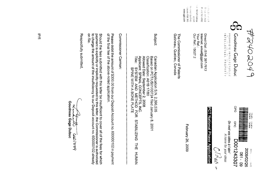 Document de brevet canadien 2396535. Correspondance 20090226. Image 1 de 1