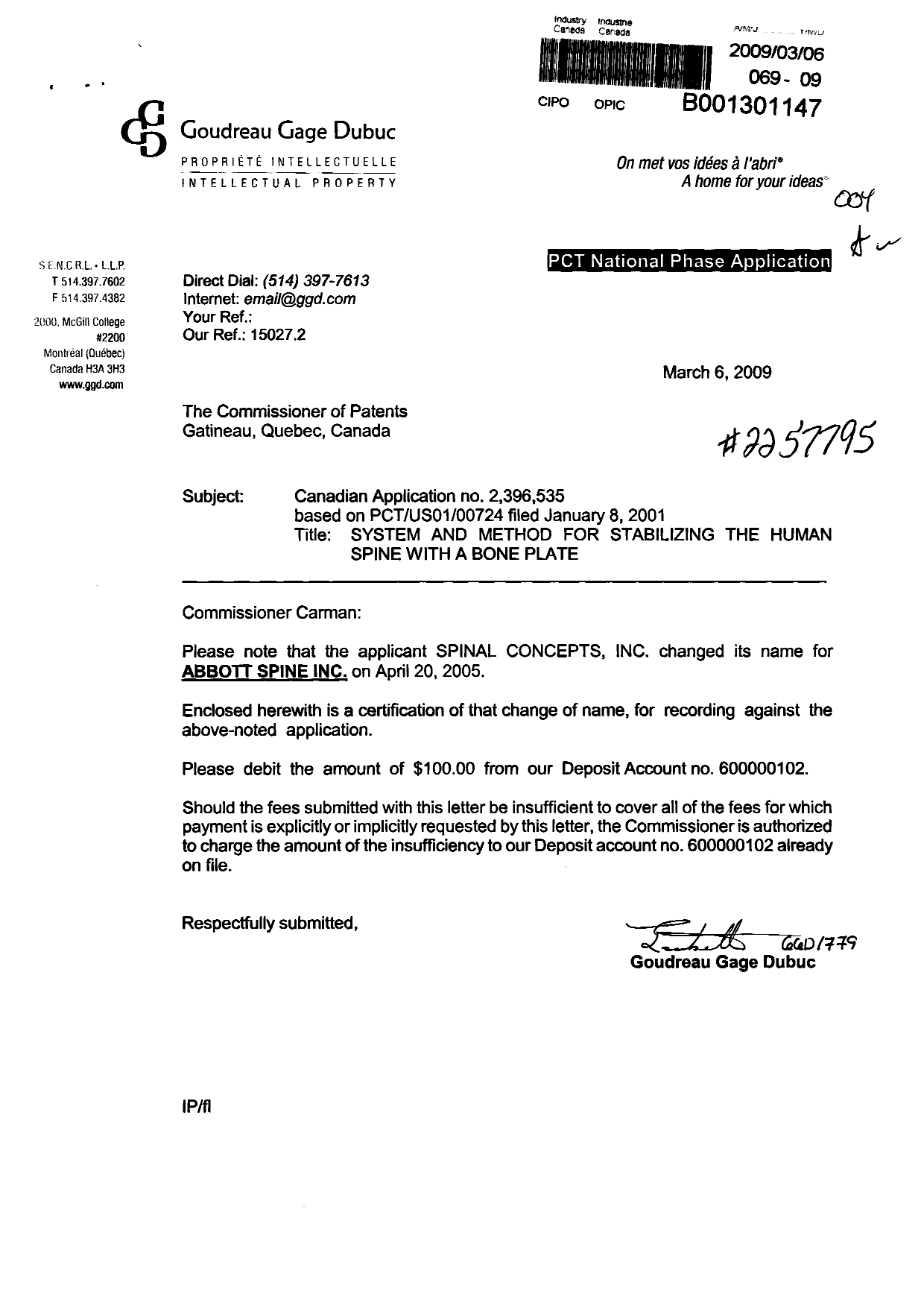 Document de brevet canadien 2396535. Cession 20090306. Image 1 de 2