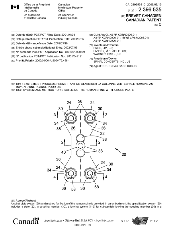 Document de brevet canadien 2396535. Page couverture 20090427. Image 1 de 2