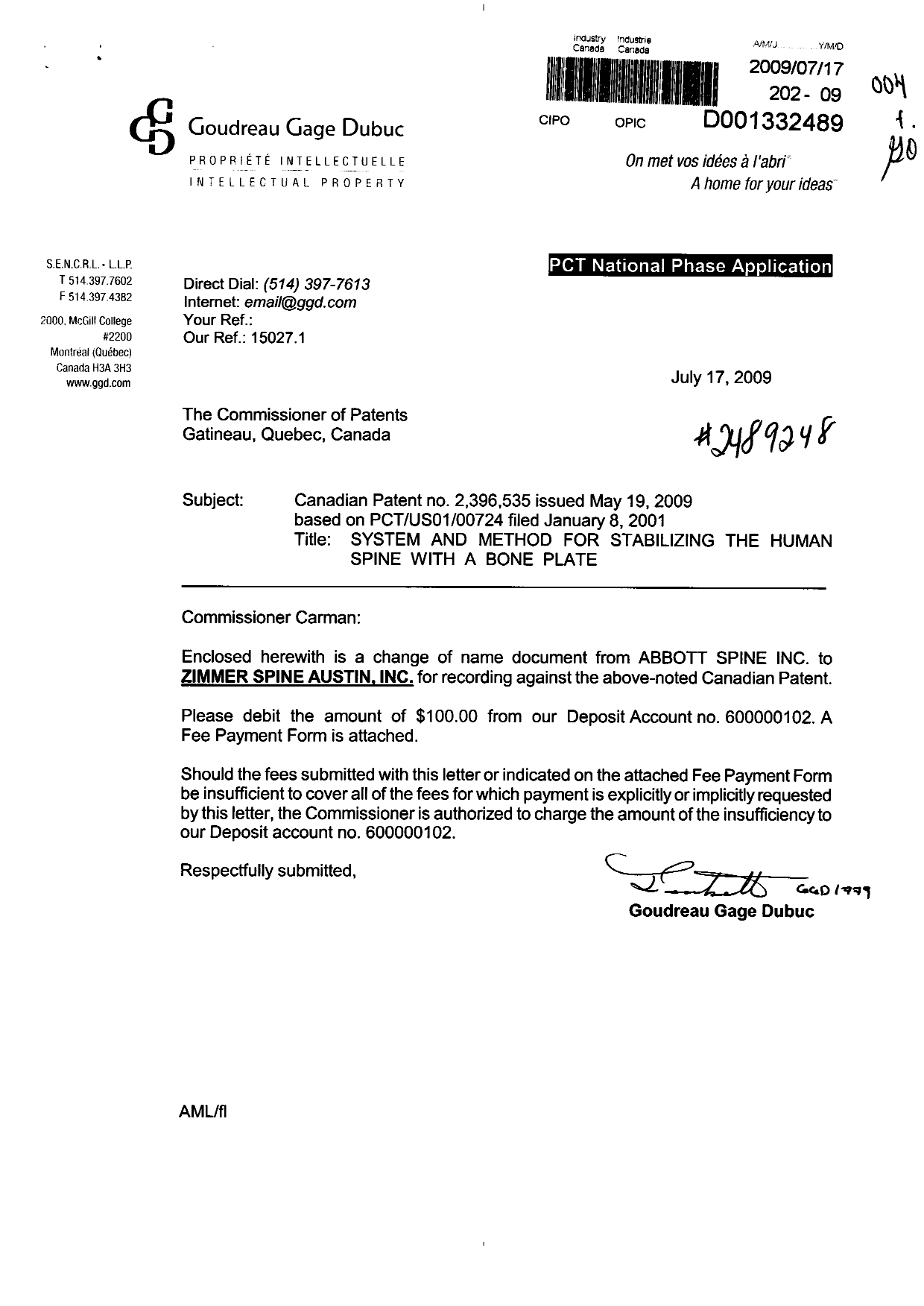 Document de brevet canadien 2396535. Cession 20090717. Image 1 de 3