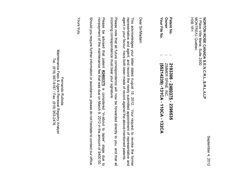 Document de brevet canadien 2396535. Correspondance 20120904. Image 1 de 1