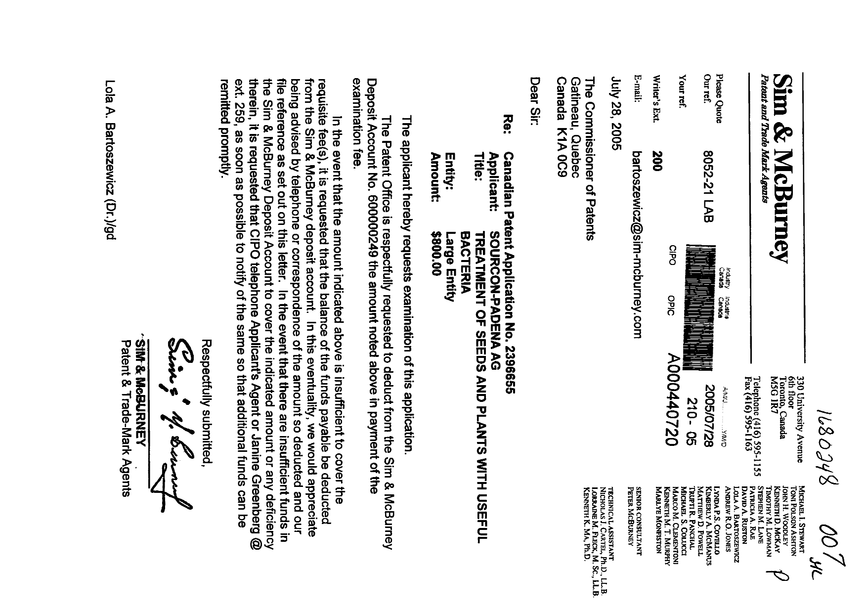 Canadian Patent Document 2396655. Prosecution-Amendment 20050728. Image 1 of 1