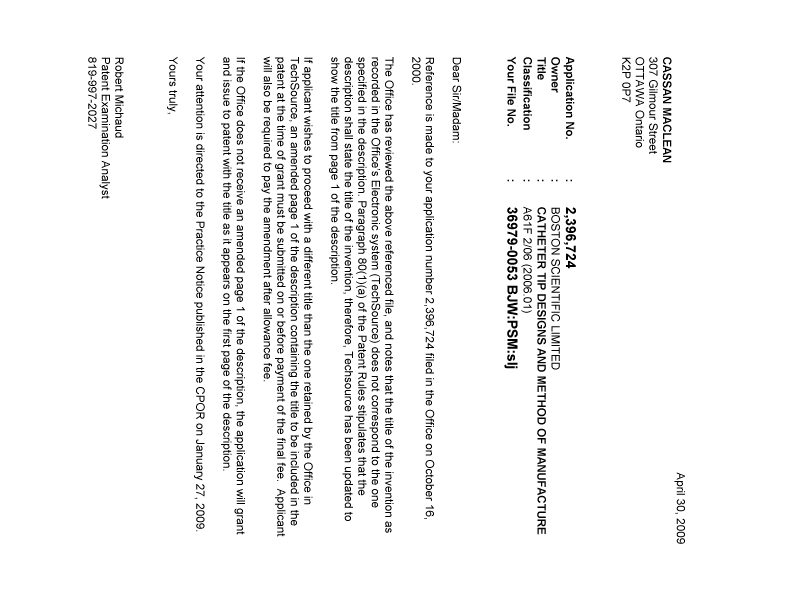 Document de brevet canadien 2396724. Correspondance 20090430. Image 1 de 1