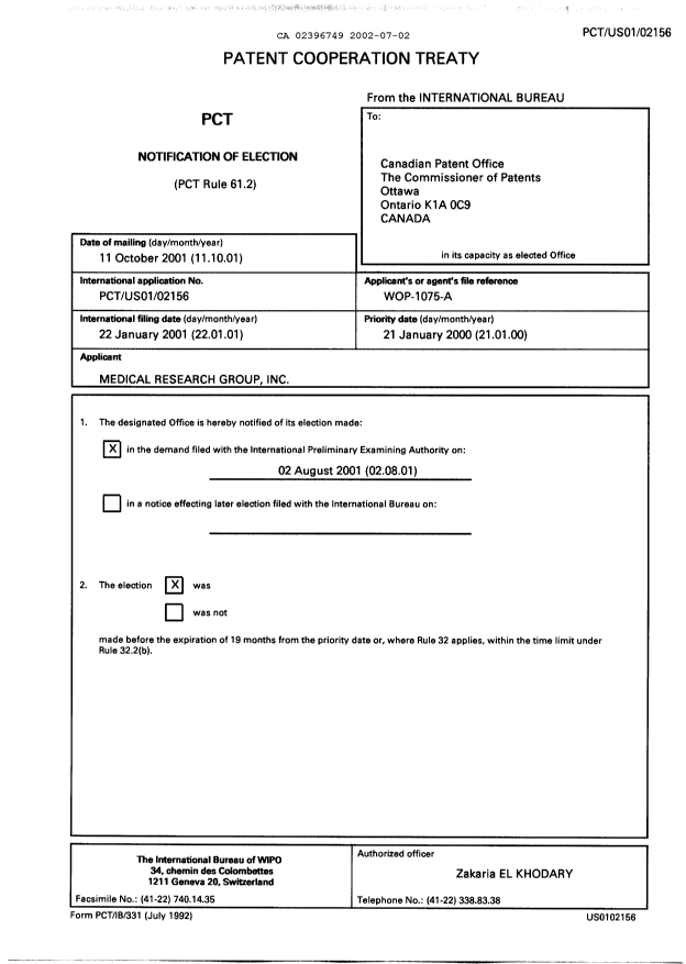 Document de brevet canadien 2396749. PCT 20020702. Image 1 de 5