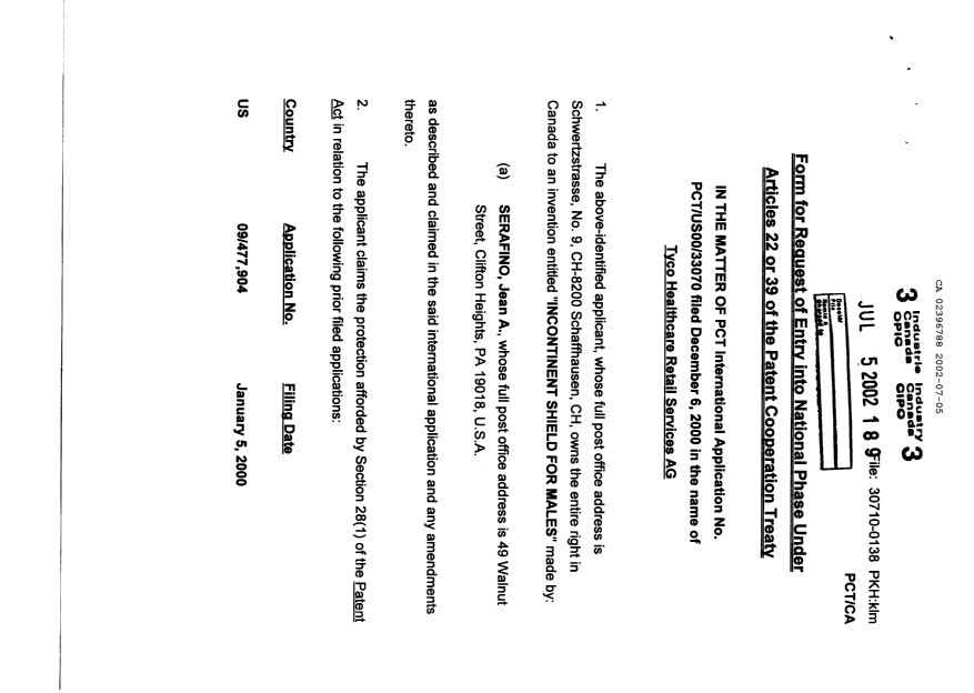 Document de brevet canadien 2396788. Cession 20020705. Image 2 de 13