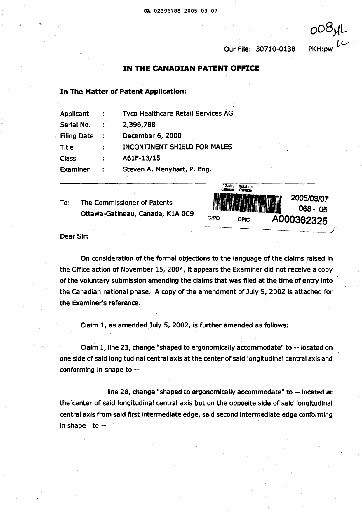 Canadian Patent Document 2396788. Prosecution-Amendment 20050307. Image 1 of 10