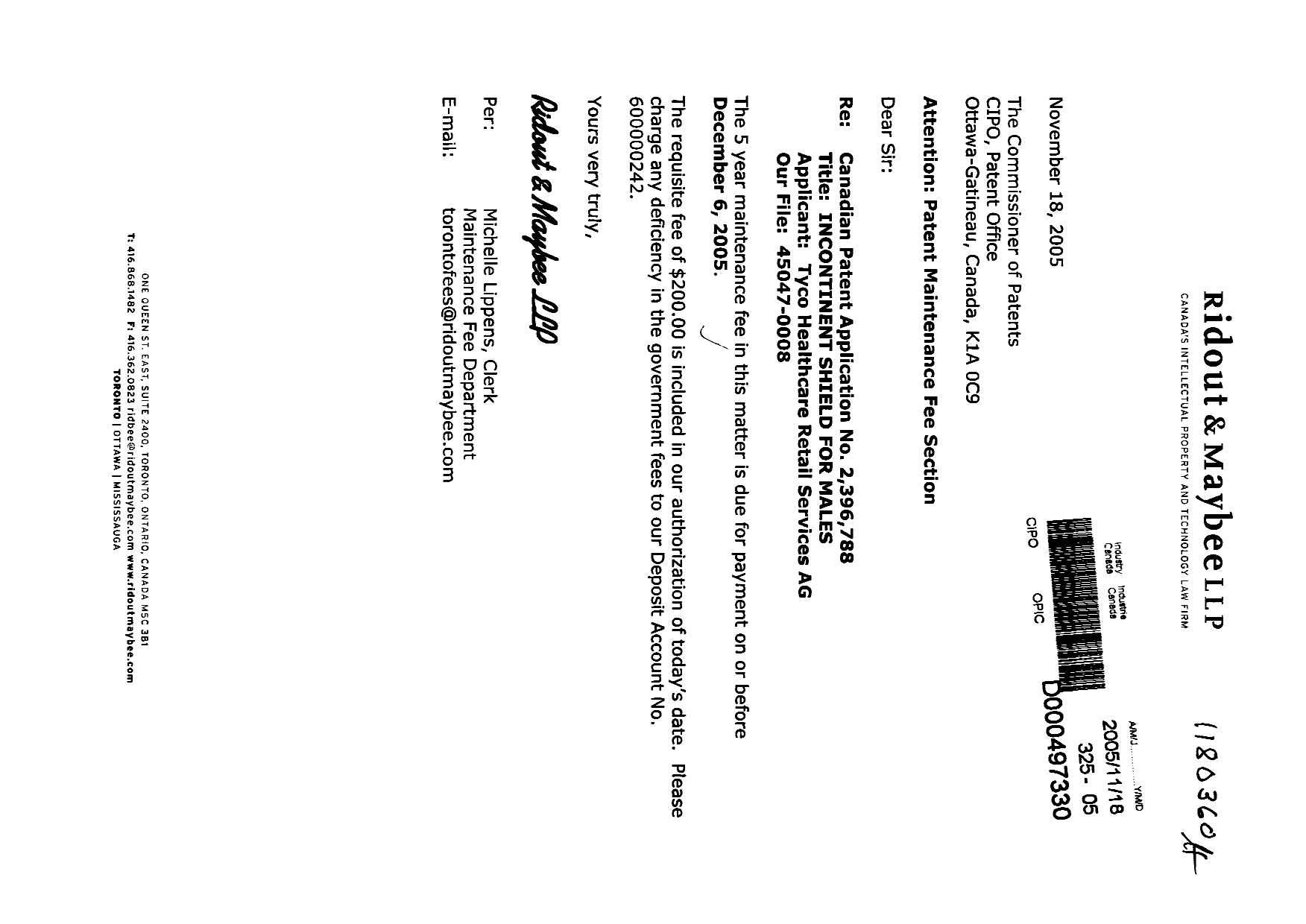 Document de brevet canadien 2396788. Taxes 20051118. Image 1 de 1