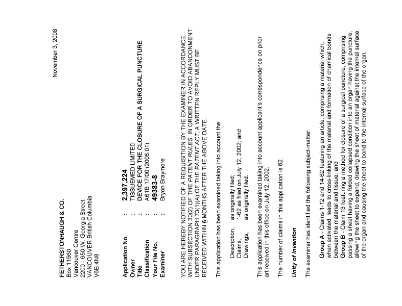 Canadian Patent Document 2397224. Prosecution-Amendment 20071203. Image 1 of 3