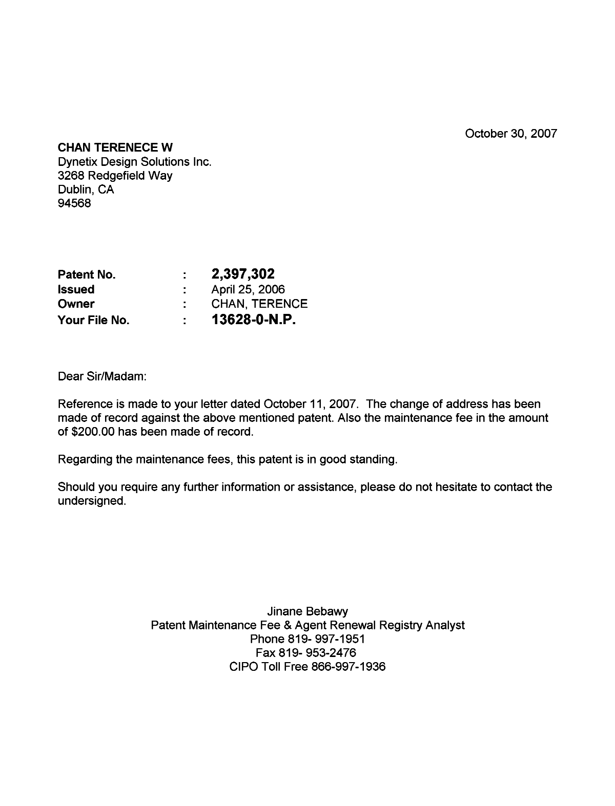 Document de brevet canadien 2397302. Correspondance 20071030. Image 1 de 1
