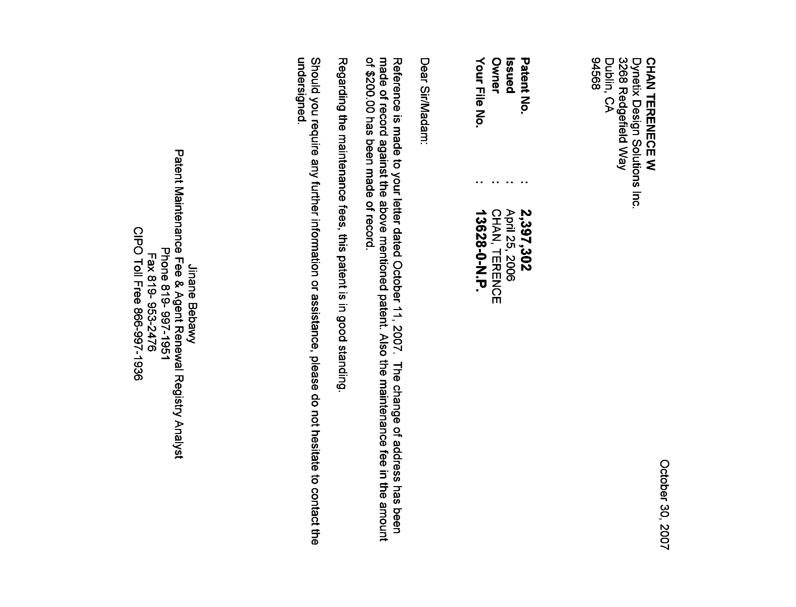 Canadian Patent Document 2397302. Correspondence 20071030. Image 1 of 1