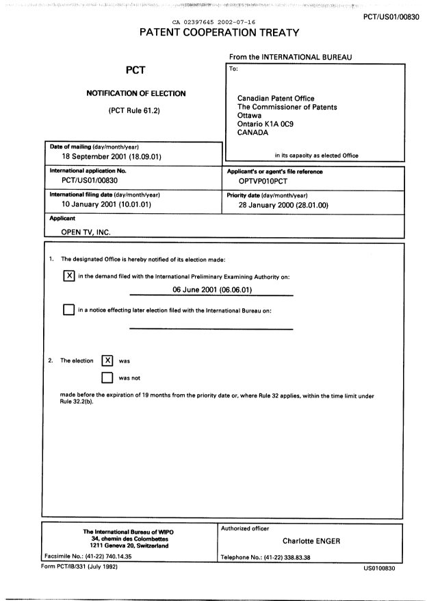 Document de brevet canadien 2397645. PCT 20020716. Image 1 de 17