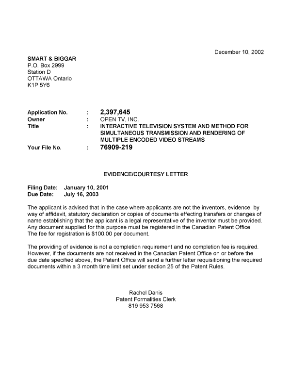 Document de brevet canadien 2397645. Correspondance 20021203. Image 1 de 1