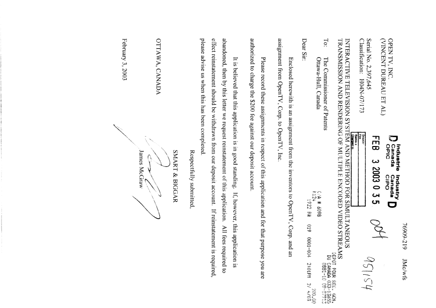 Canadian Patent Document 2397645. Assignment 20030203. Image 1 of 6