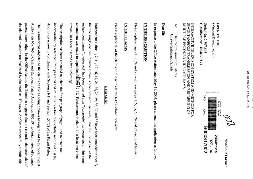 Canadian Patent Document 2397645. Prosecution-Amendment 20041119. Image 1 of 25