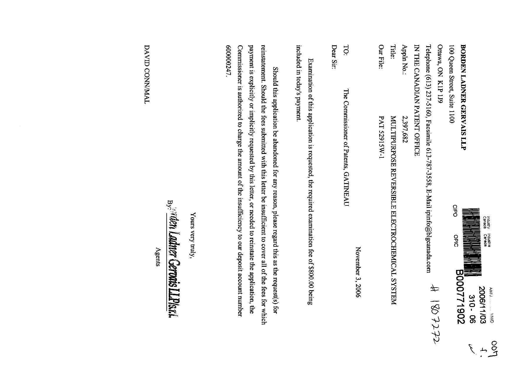 Canadian Patent Document 2397682. Prosecution-Amendment 20061103. Image 1 of 1