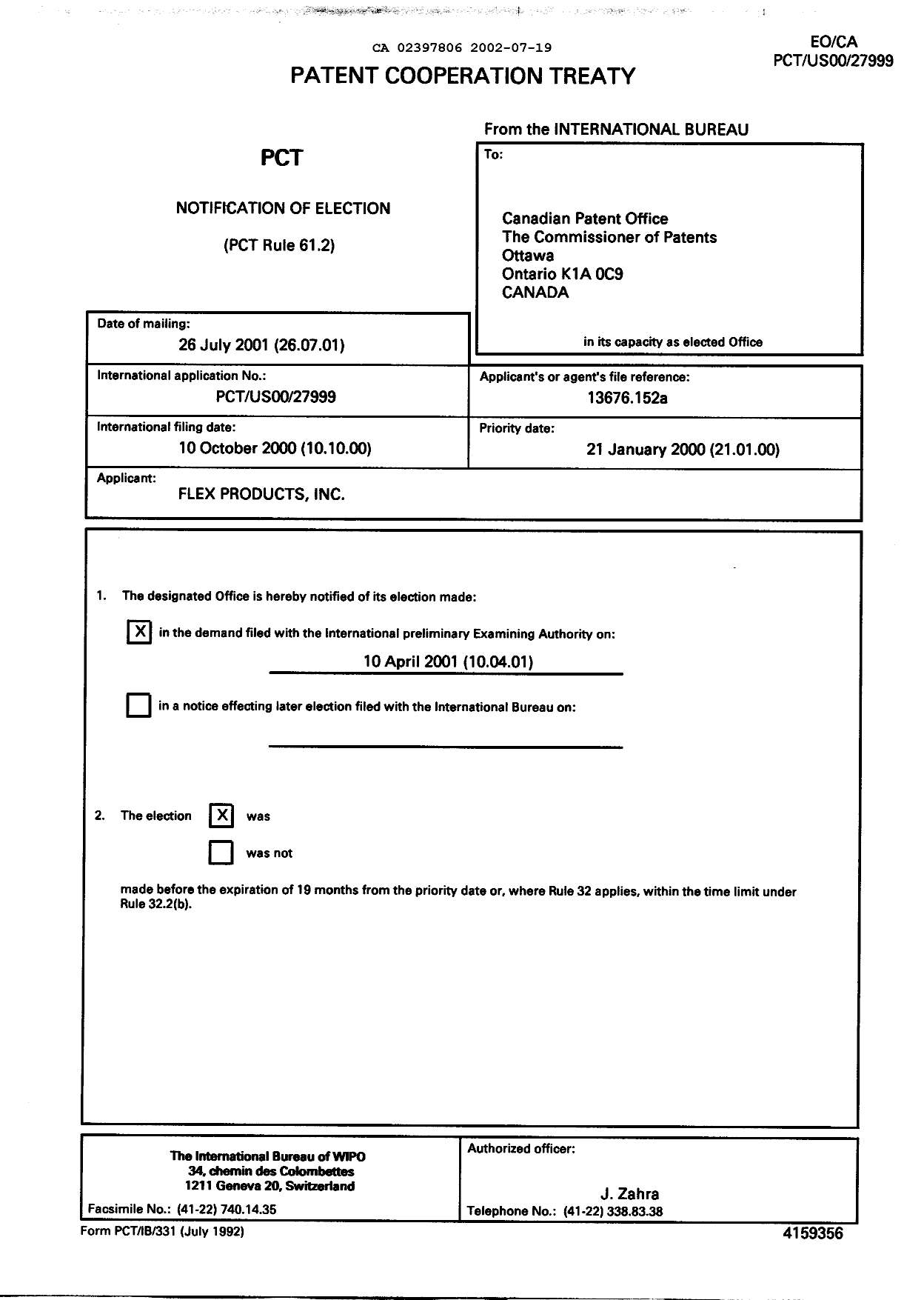 Document de brevet canadien 2397806. PCT 20020719. Image 1 de 4