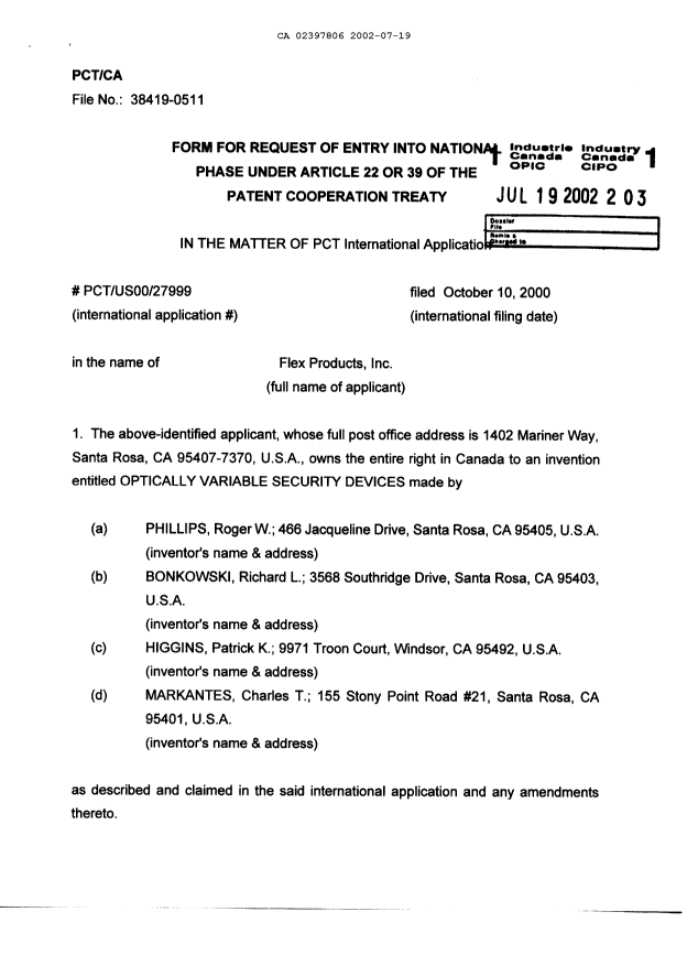 Document de brevet canadien 2397806. Cession 20020719. Image 2 de 9