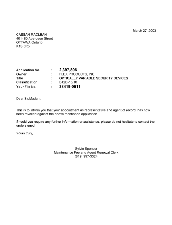 Document de brevet canadien 2397806. Correspondance 20030327. Image 1 de 1