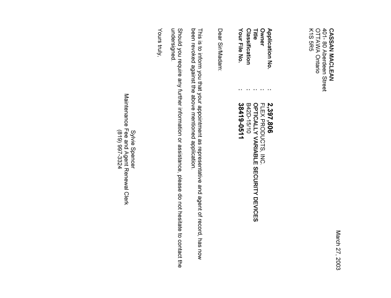 Canadian Patent Document 2397806. Correspondence 20030327. Image 1 of 1