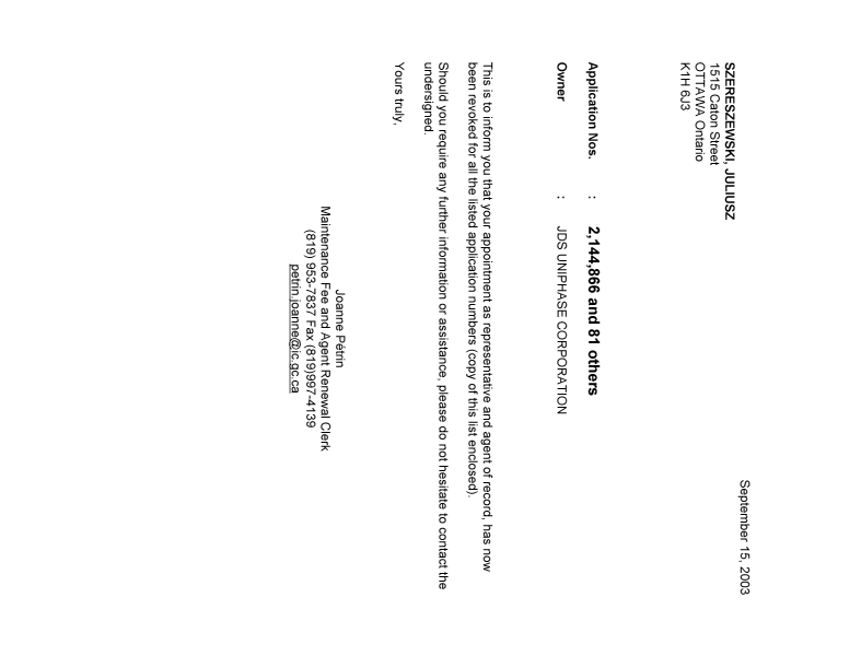 Canadian Patent Document 2397806. Correspondence 20030915. Image 1 of 1