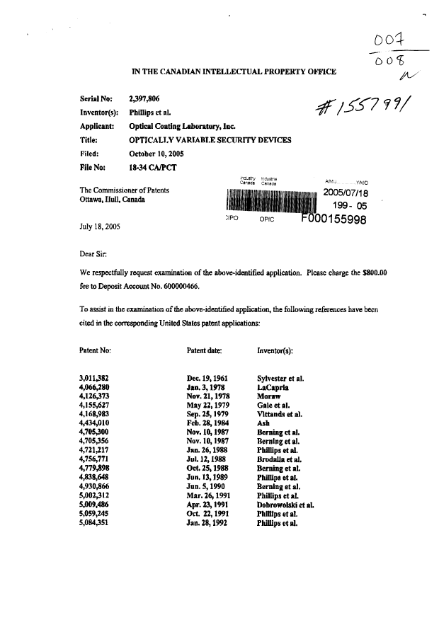 Document de brevet canadien 2397806. Poursuite-Amendment 20050718. Image 1 de 7