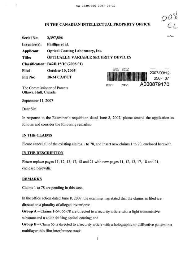 Canadian Patent Document 2397806. Prosecution-Amendment 20070912. Image 1 of 14