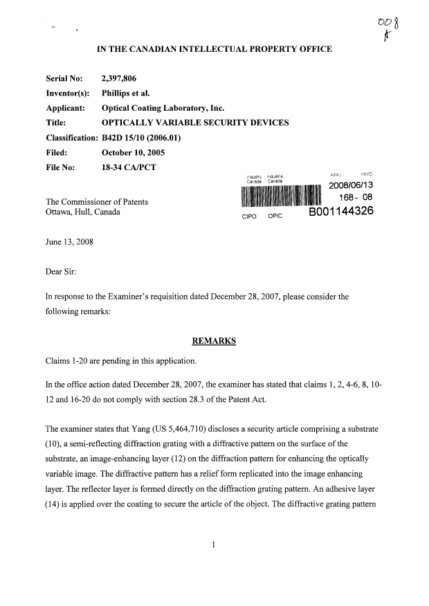Canadian Patent Document 2397806. Prosecution-Amendment 20080613. Image 1 of 4