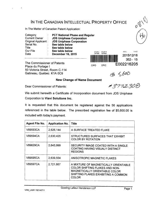 Document de brevet canadien 2397806. Cession 20151216. Image 1 de 7