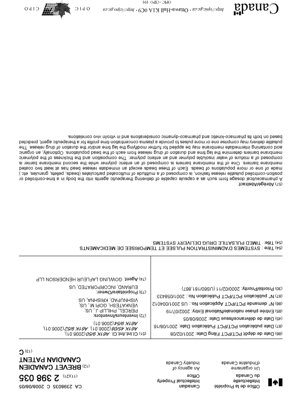 Document de brevet canadien 2398035. Page couverture 20080723. Image 1 de 1