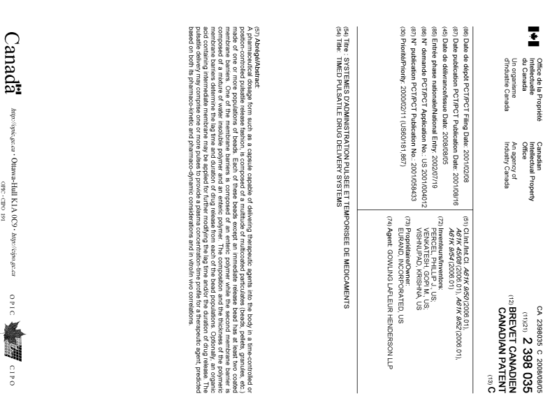 Document de brevet canadien 2398035. Page couverture 20080723. Image 1 de 1