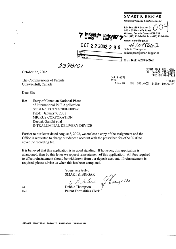 Document de brevet canadien 2398101. Cession 20021022. Image 1 de 11