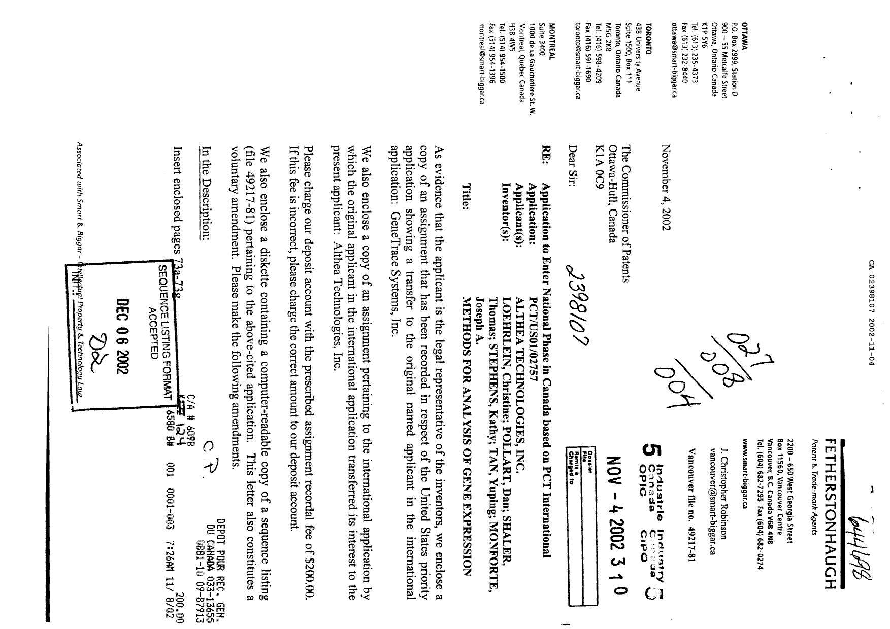 Canadian Patent Document 2398107. Prosecution-Amendment 20021104. Image 1 of 9