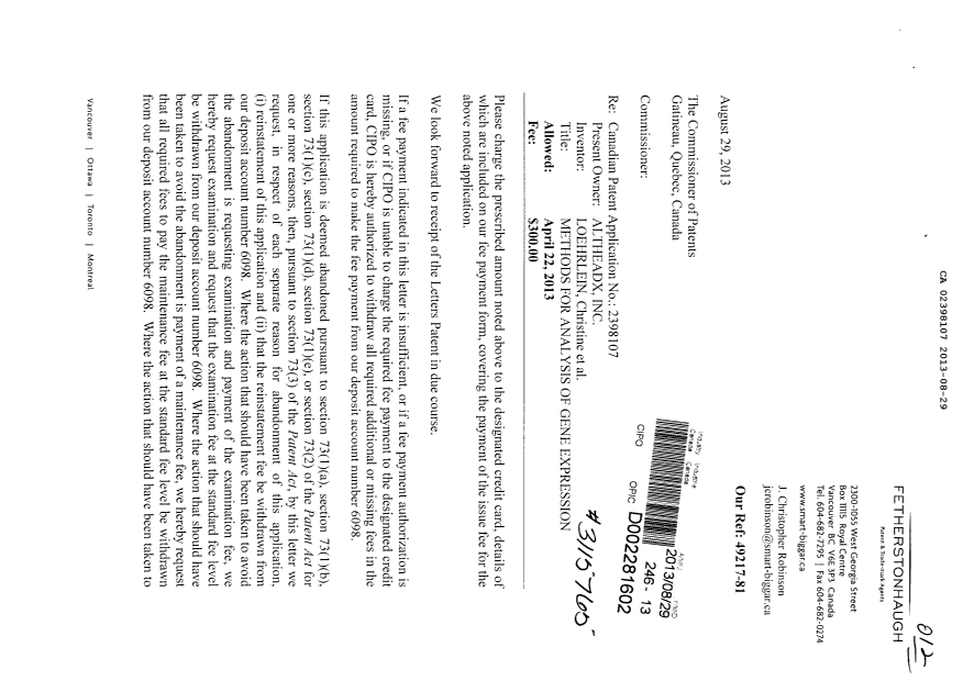 Canadian Patent Document 2398107. Correspondence 20130829. Image 1 of 2