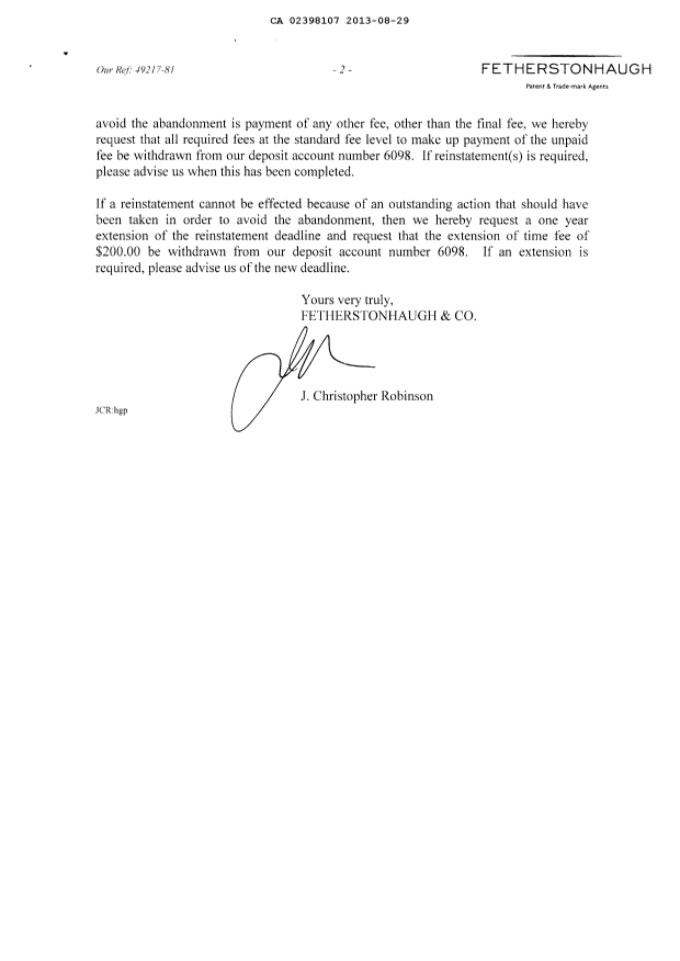 Document de brevet canadien 2398107. Correspondance 20130829. Image 2 de 2