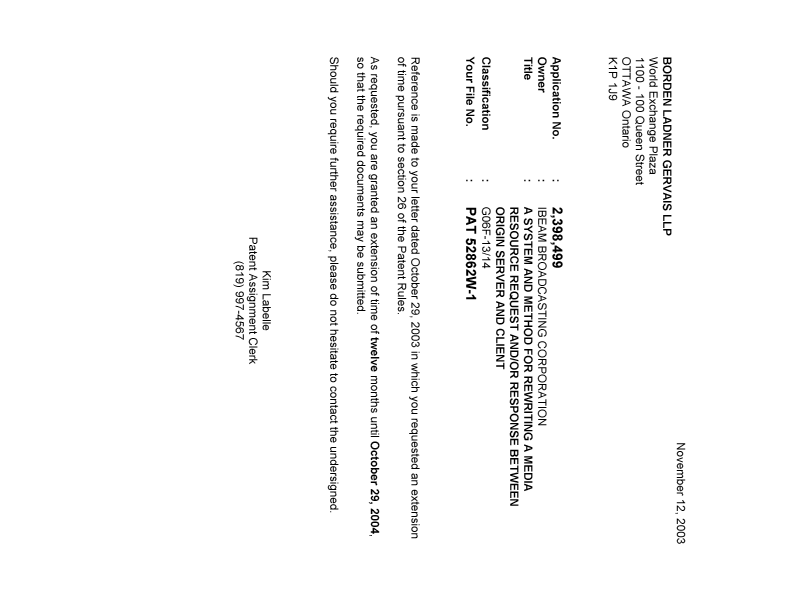 Document de brevet canadien 2398499. Correspondance 20031112. Image 1 de 1