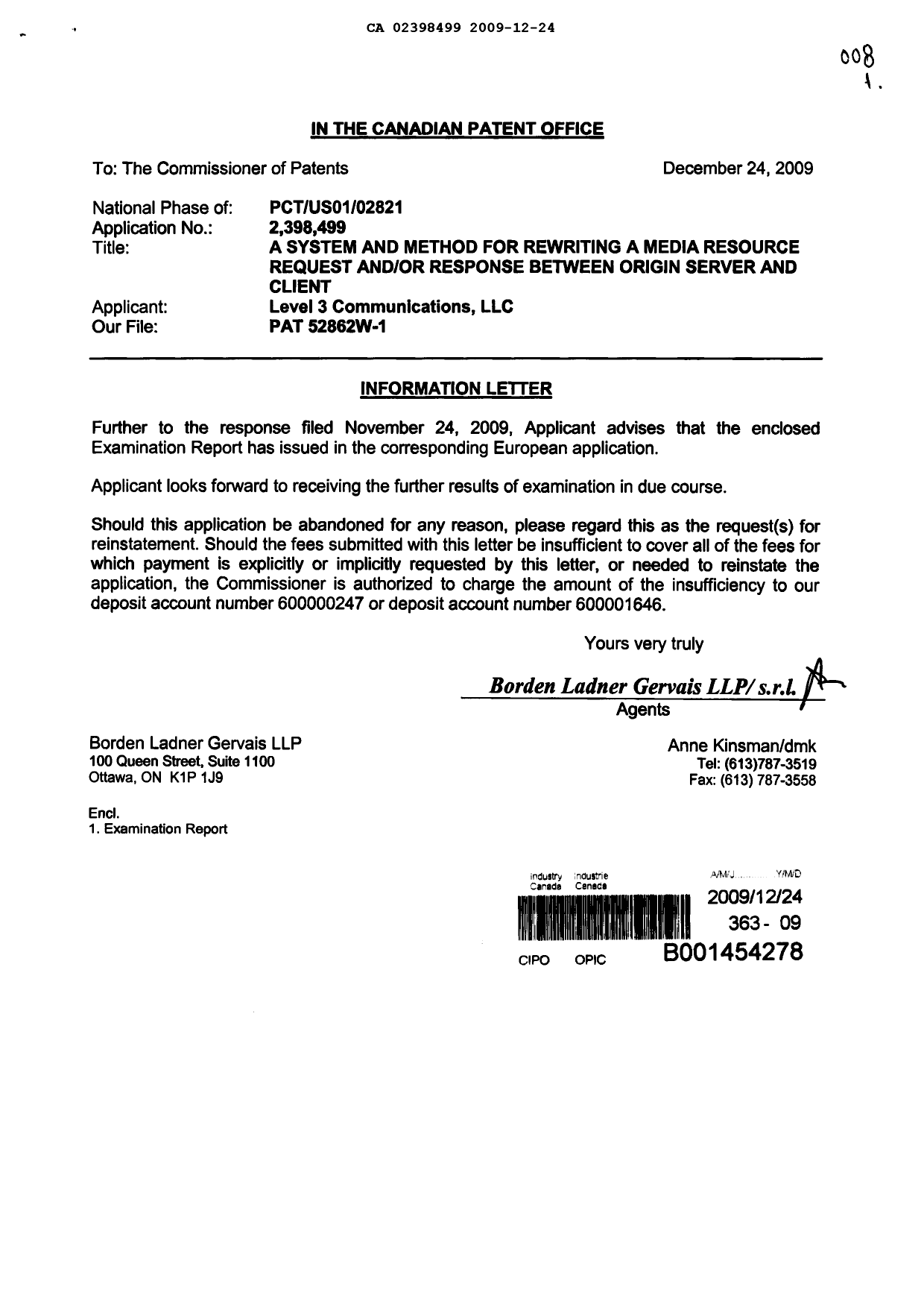 Document de brevet canadien 2398499. Poursuite-Amendment 20091224. Image 1 de 1