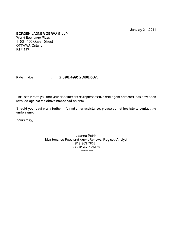 Document de brevet canadien 2398499. Correspondance 20110121. Image 1 de 1