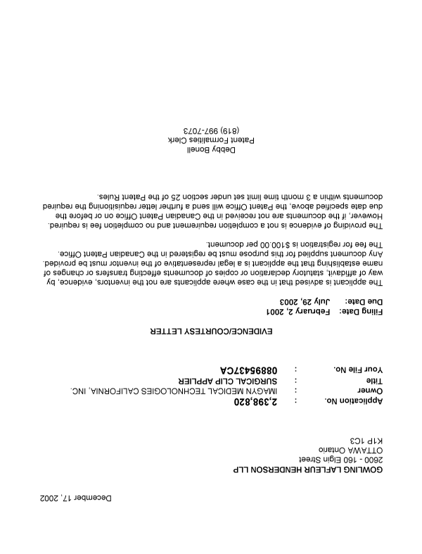 Document de brevet canadien 2398820. Correspondance 20021209. Image 1 de 1