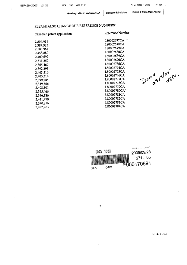 Document de brevet canadien 2399285. Correspondance 20050928. Image 2 de 3