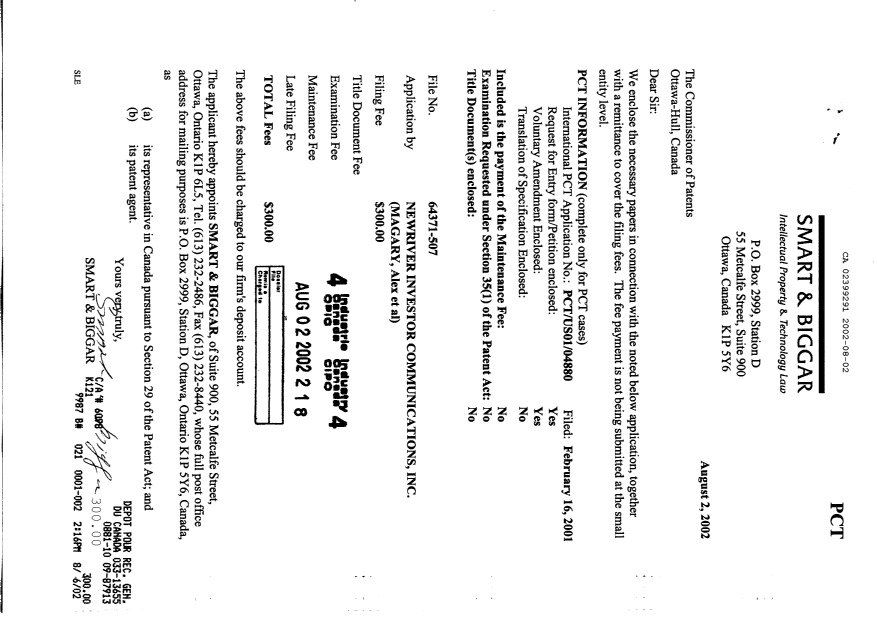 Document de brevet canadien 2399291. Cession 20020802. Image 1 de 2