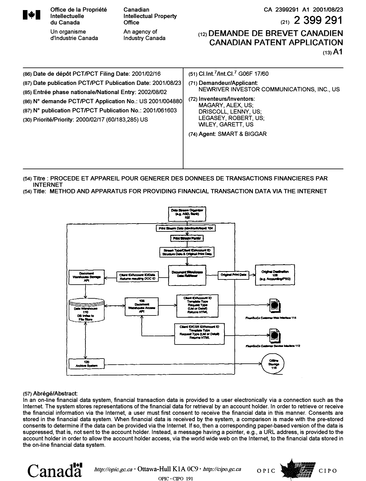 Document de brevet canadien 2399291. Page couverture 20021122. Image 1 de 1