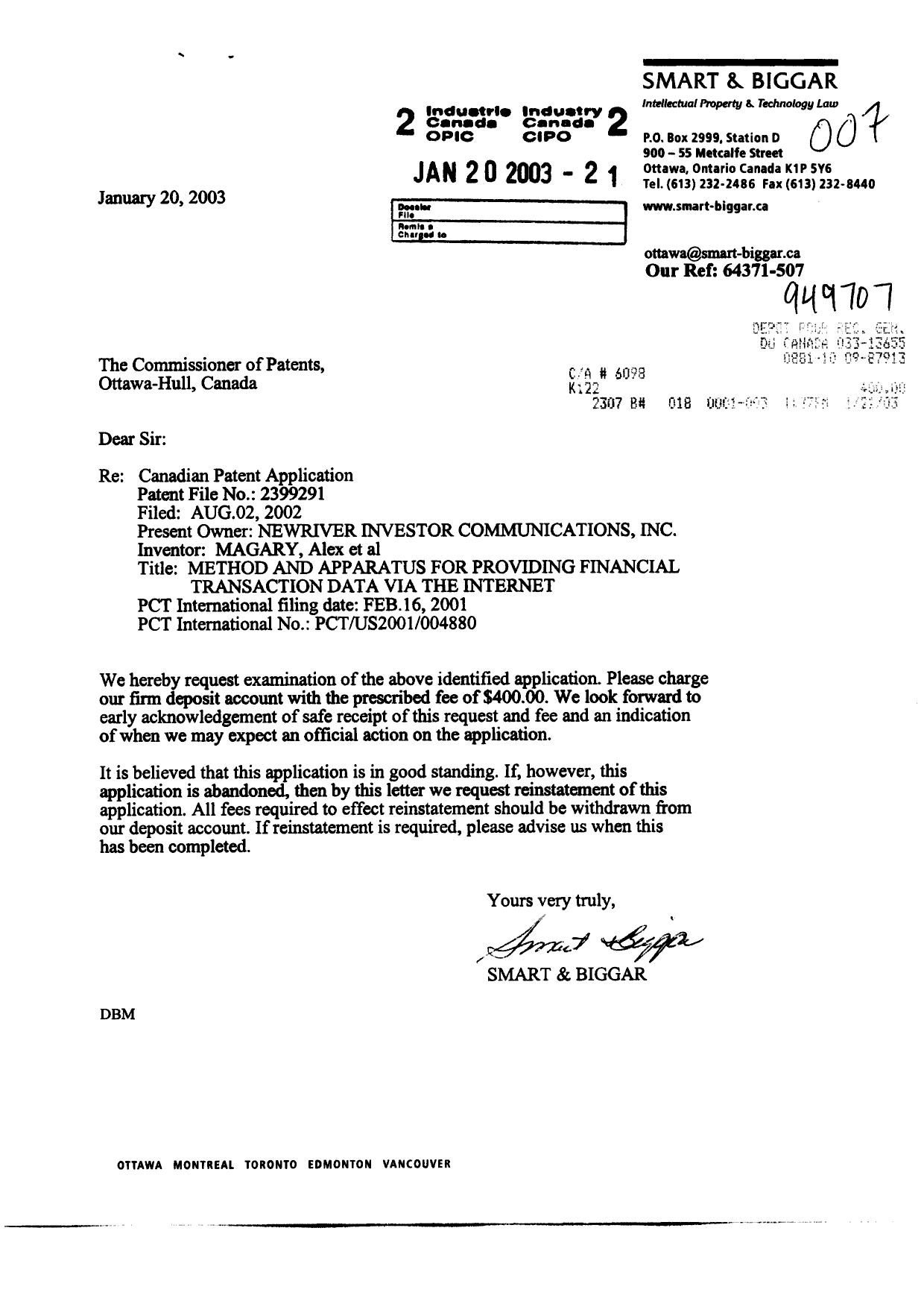 Document de brevet canadien 2399291. Poursuite-Amendment 20030120. Image 1 de 1