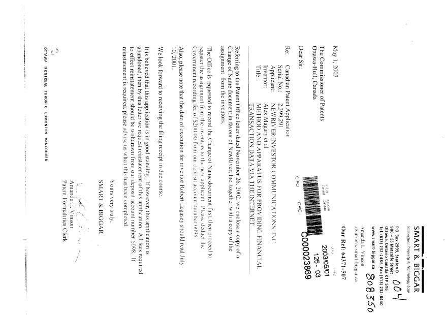 Document de brevet canadien 2399291. Cession 20030501. Image 1 de 41