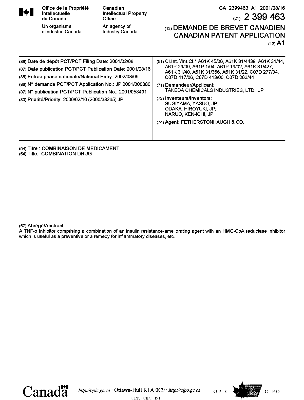 Canadian Patent Document 2399463. Cover Page 20021216. Image 1 of 1