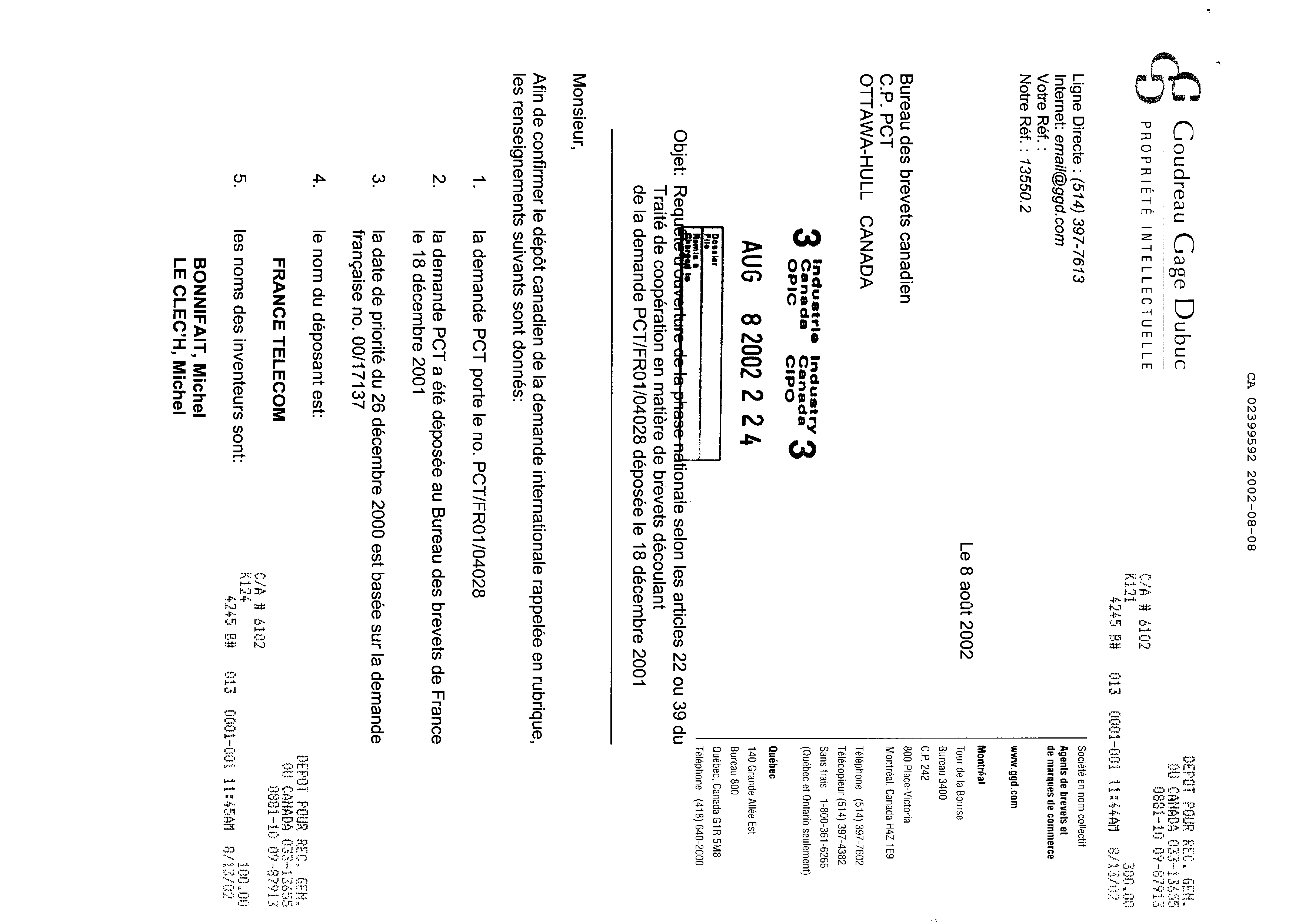 Canadian Patent Document 2399592. Assignment 20020808. Image 1 of 5