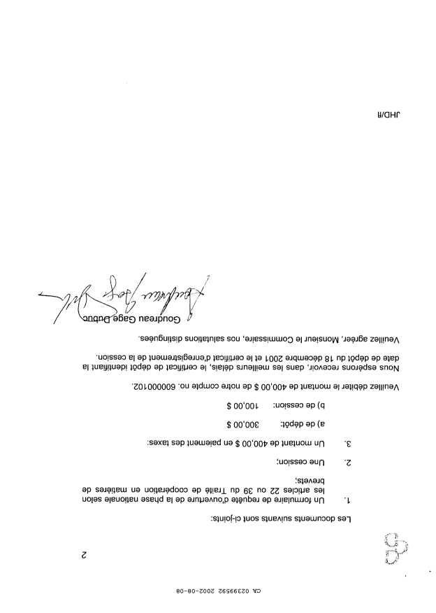 Canadian Patent Document 2399592. Assignment 20020808. Image 2 of 5
