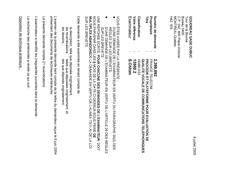 Document de brevet canadien 2399592. Poursuite-Amendment 20050708. Image 1 de 3