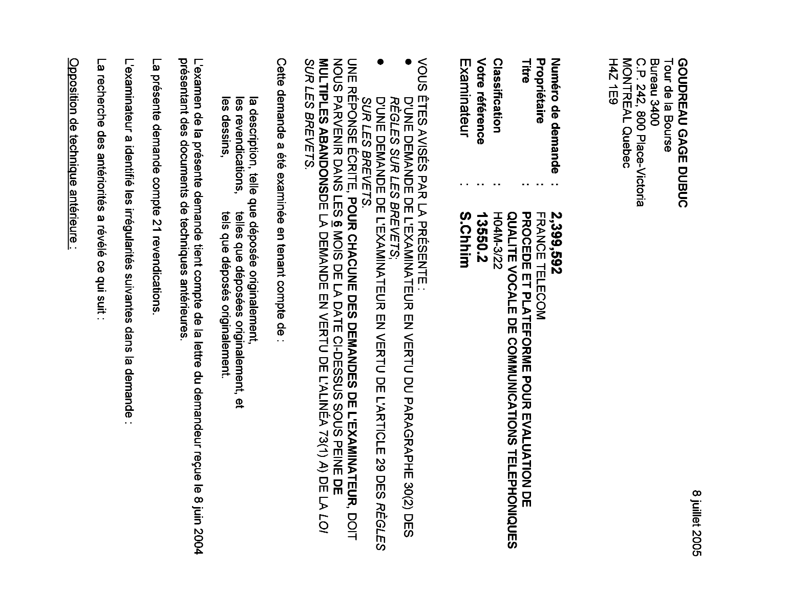 Canadian Patent Document 2399592. Prosecution-Amendment 20050708. Image 1 of 3