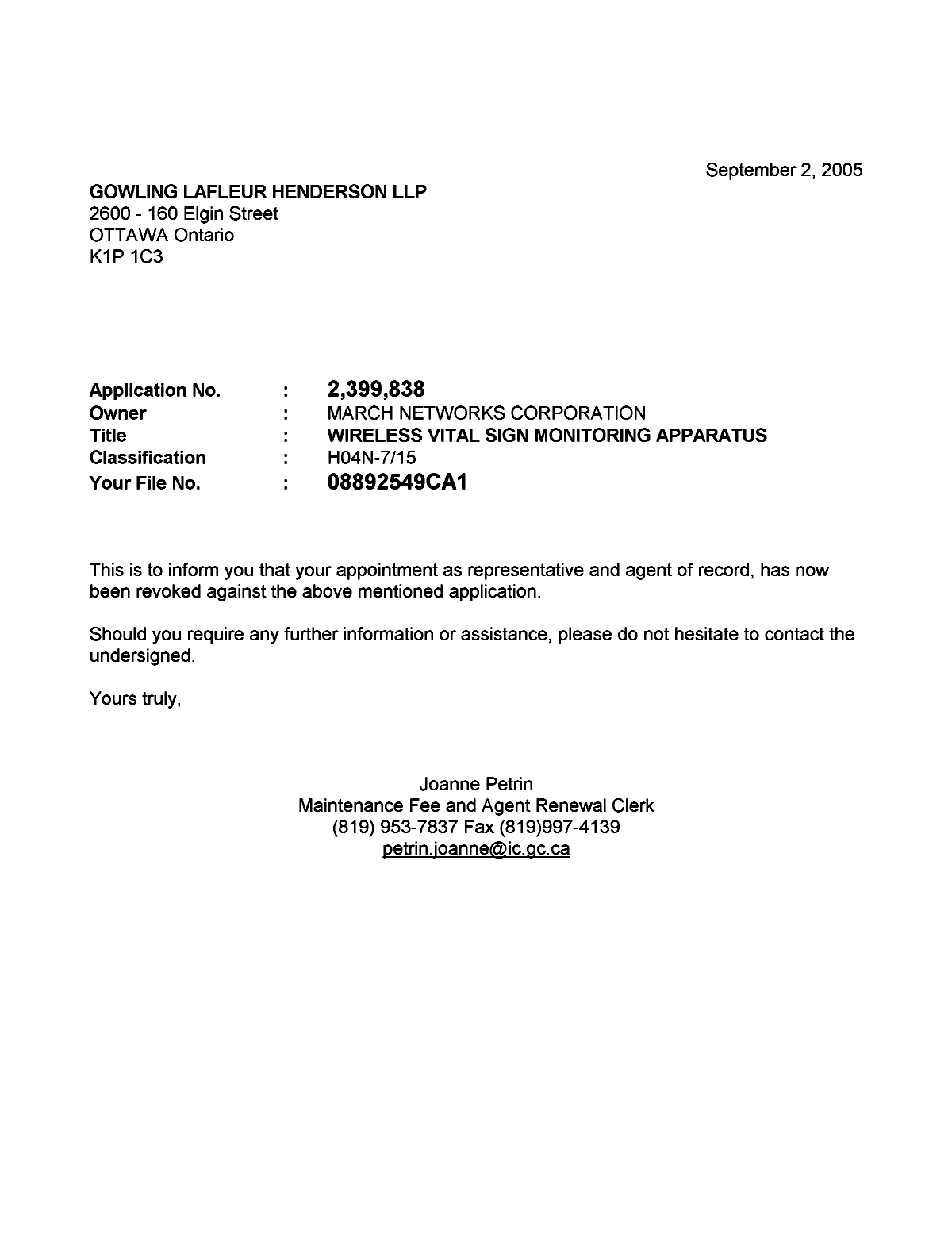 Canadian Patent Document 2399838. Correspondence 20041202. Image 1 of 1